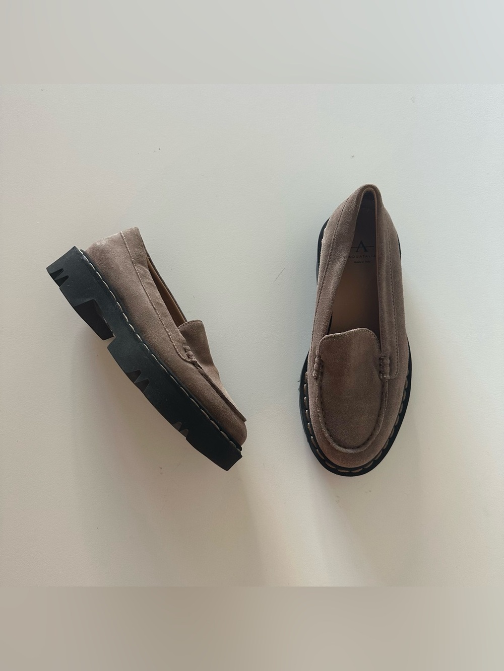 Aquatalia Hayley Water Resistant Platform Loafer Taupe Suede 6.5 Chunky Lug Sole